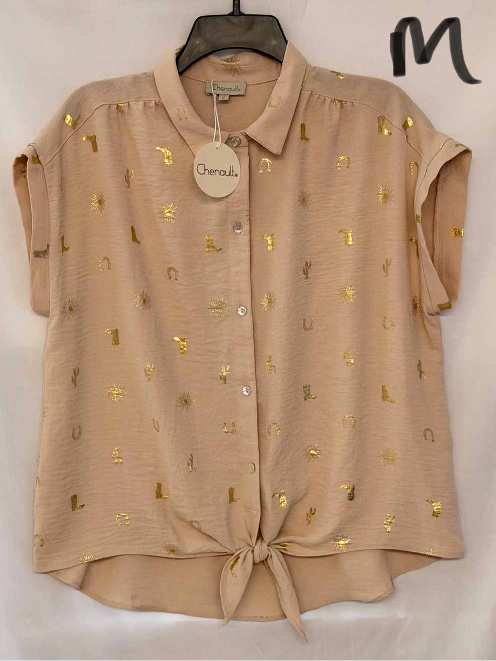 Chenault Beige Short Sleeve Tie-Front Button Down with Gold Foil Motif
